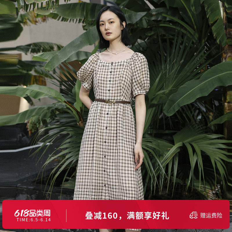 婉甸夏季米咖格纹短袖连衣裙1242N25RS2YX