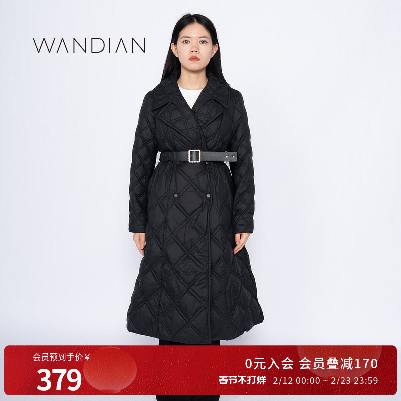 婉甸冬季黑色羽绒服中长款腰带修身保暖1234D15DM3