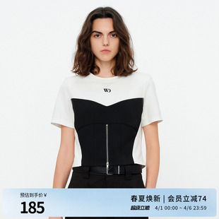 黑白拼接女士休闲风拼接撞色短袖 T恤1252T03ST1 新品 婉甸2026夏季
