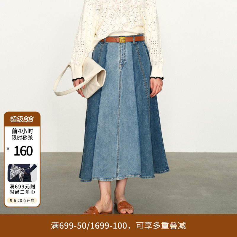 婉甸矿洗蓝丹宁长裙复古风半身裙										
