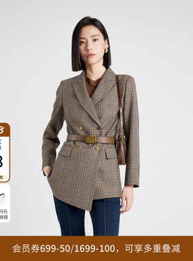 婉甸秋季复古棕咖格纹西装长袖外套女小香风1243Q04MD4