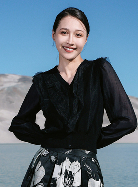 婉甸2026春季新品黑色网纱拼接毛织套头衫上衣外套1251W09DY1YX