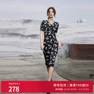 连衣裙1242N40YT3 黑白暗影飞花短袖 婉甸2025夏季 新品