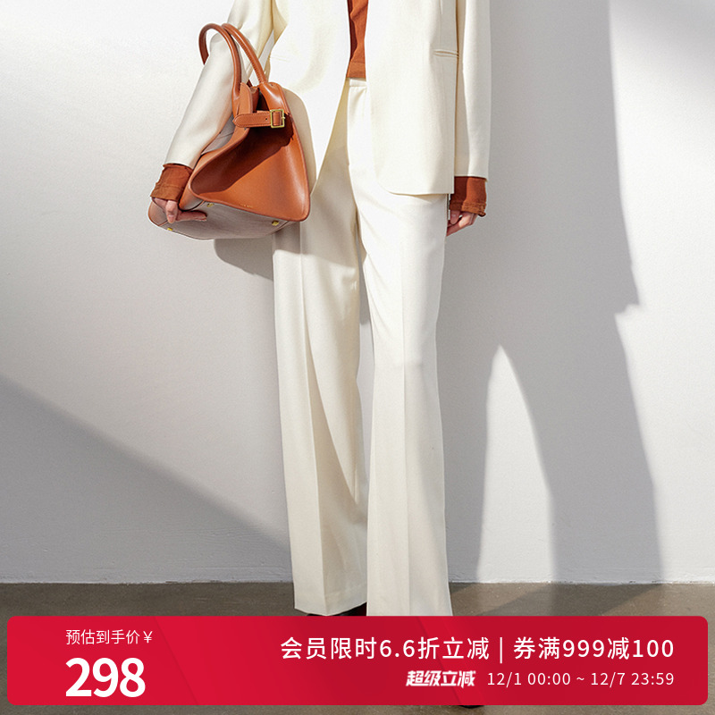 婉甸25新品经典奶油白老钱精纺羊毛拼接直筒裤MBD1P08LCXW0