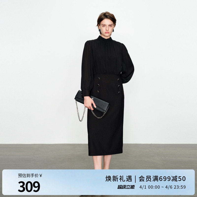 婉甸2025黑色长袖连衣裙通勤风1241N06DY1