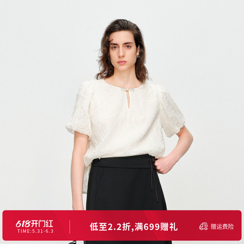 婉甸夏季椰子奶白套头衫新中式圆领雪纺衫1242H33YT3