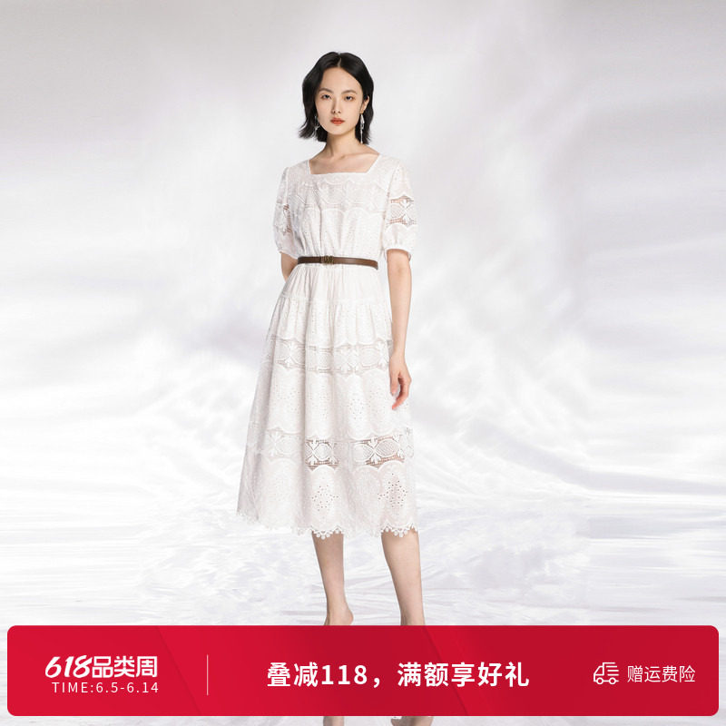 婉甸夏季云白色棉布绣花连衣裙1242N61RS4YX
