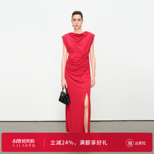 优雅深红无袖连衣裙