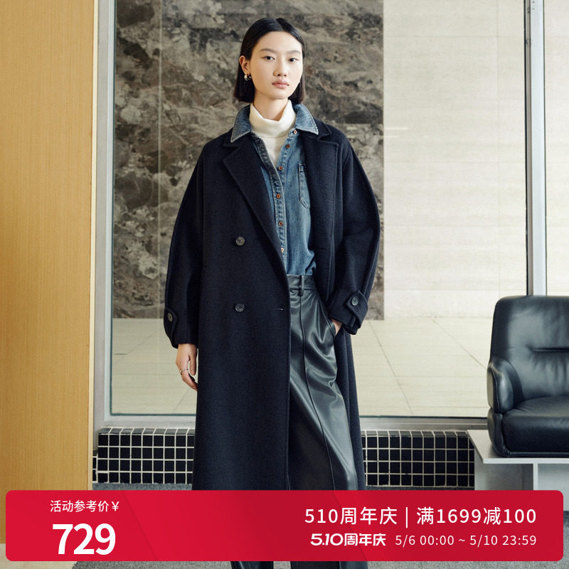 婉甸冬季黑色双面呢中长款保暖大衣毛呢外套1244C06DM2
