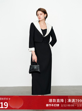 婉甸2025黑色两件套连衣裙通勤风短外套吊带裙1241N01MS2