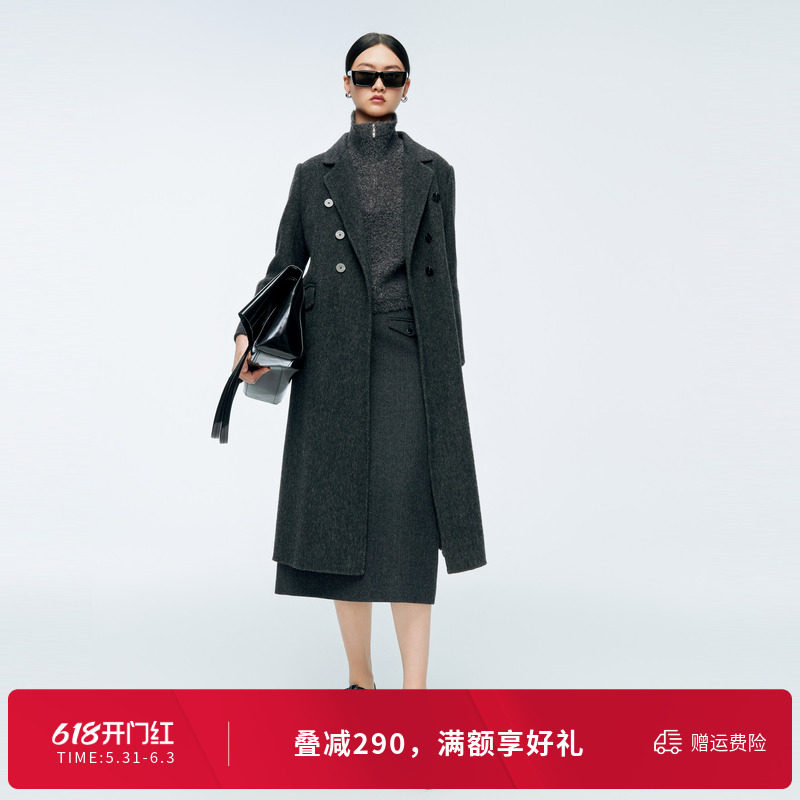 婉甸冬季火山灰双面呢中长款毛呢外套大衣女1244C14SX3