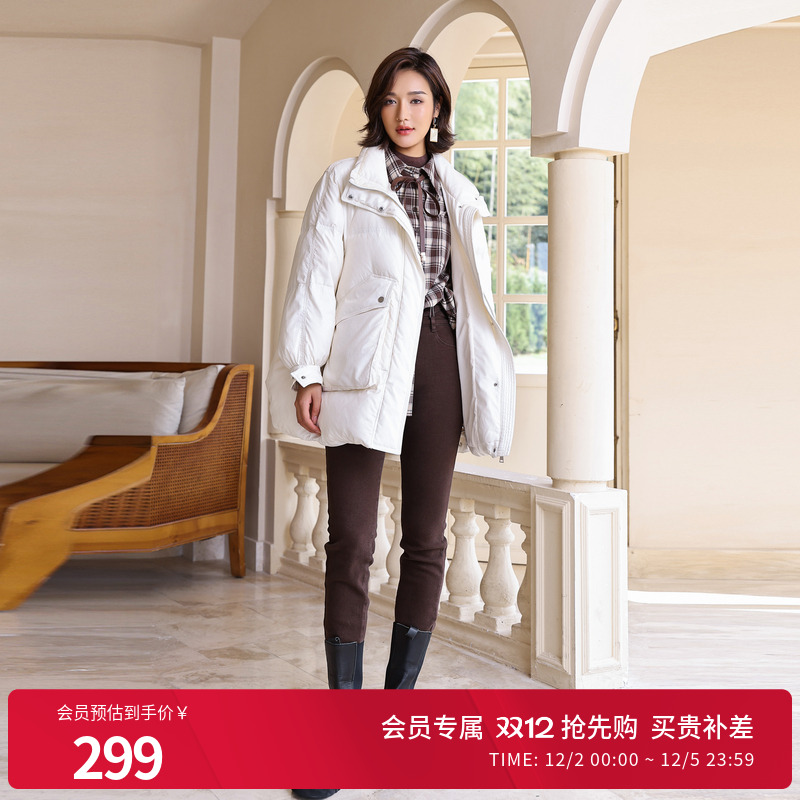 婉甸冬季厚鸭绒中长款羽绒服口袋装饰1234D34RX2YX