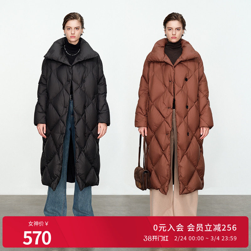 婉甸/黑色咖色长款羽绒服冬季H型宽松款格纹1234D81DS4