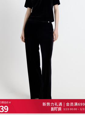 婉甸2025年秋新品耀石黑丝绒阔腿裤长裤简约直筒裤1243P06RS1