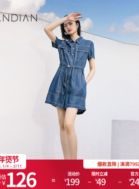 婉甸牛仔蓝连身短裤夏季新品天丝牛仔腰部抽绳工装风1232J05DJ6