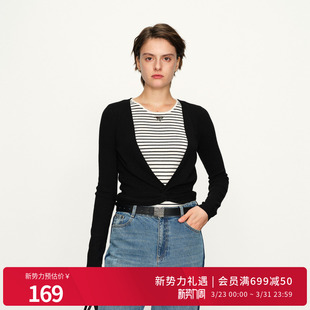 婉甸2025黑色假两件毛织套头衫 1241W16SJ2 通勤风针织衫