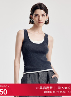 婉甸2026春季新品炭灰色毛织背心假两件撞色拼接针织衫1251G01GX2