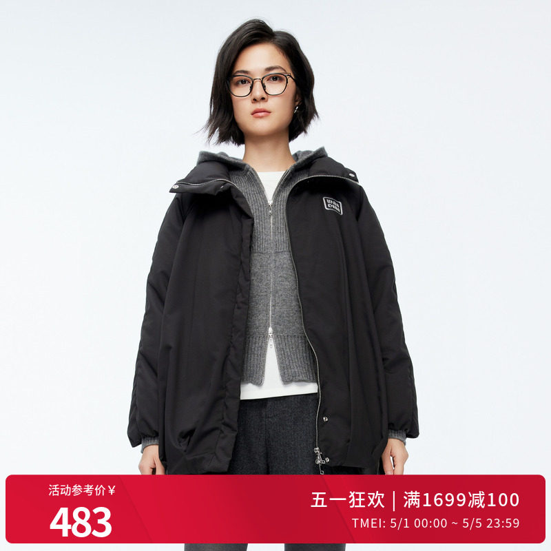 婉甸冬季黑色中长款连帽女外套羽绒服1244D38GS3