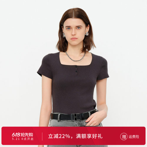 深灰短袖毛织套头衫