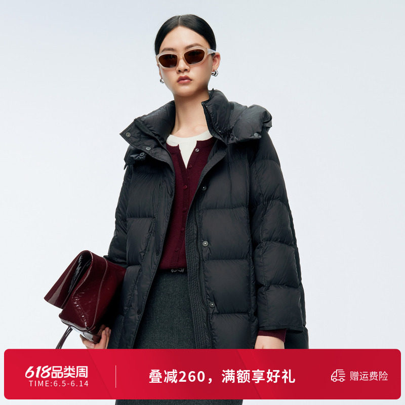 婉甸冬季黑色通勤中长款连帽羽绒服女1244D19GS3