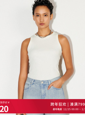 婉甸25新品胡桃色无奶油白袖上衣修身削肩工字背心MBD1G01CFXA0