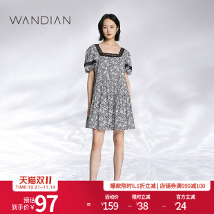 方领宽松A版 新品 蕾丝花边1232N59SX4 连衣裙夏季 婉甸黑白碎花短袖