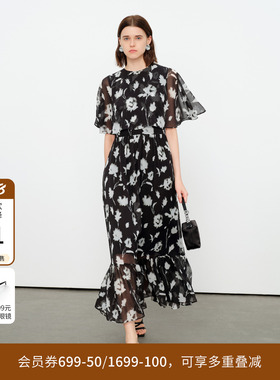 婉甸2026夏季新品黑白色印花收腰长裙A字裙优雅连衣裙1252N13YD3