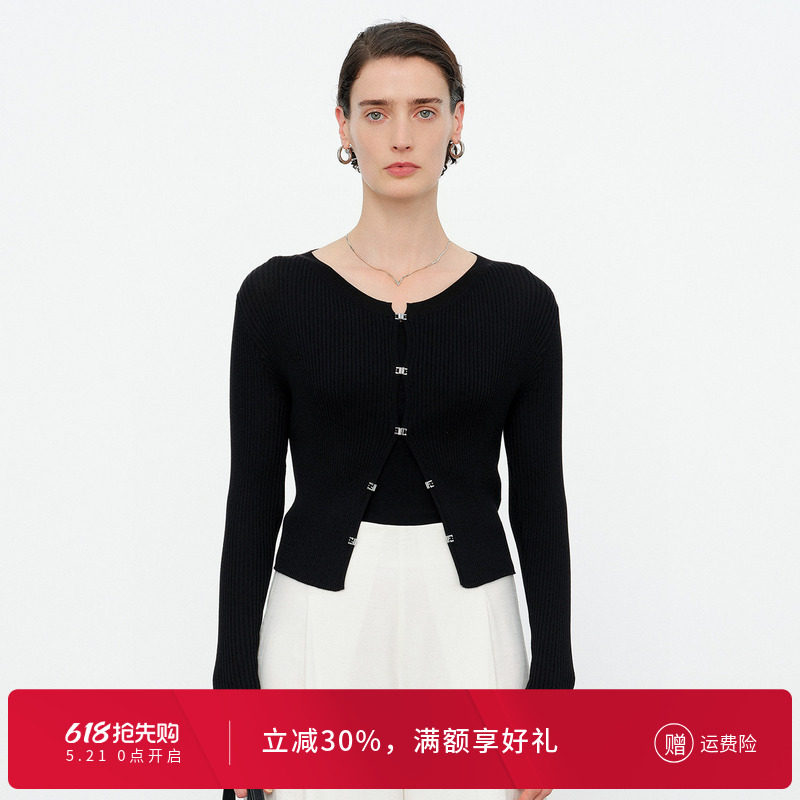 婉甸2026夏季新品黑色圆领毛织长袖针织修身开衫上衣女1252W07ST1