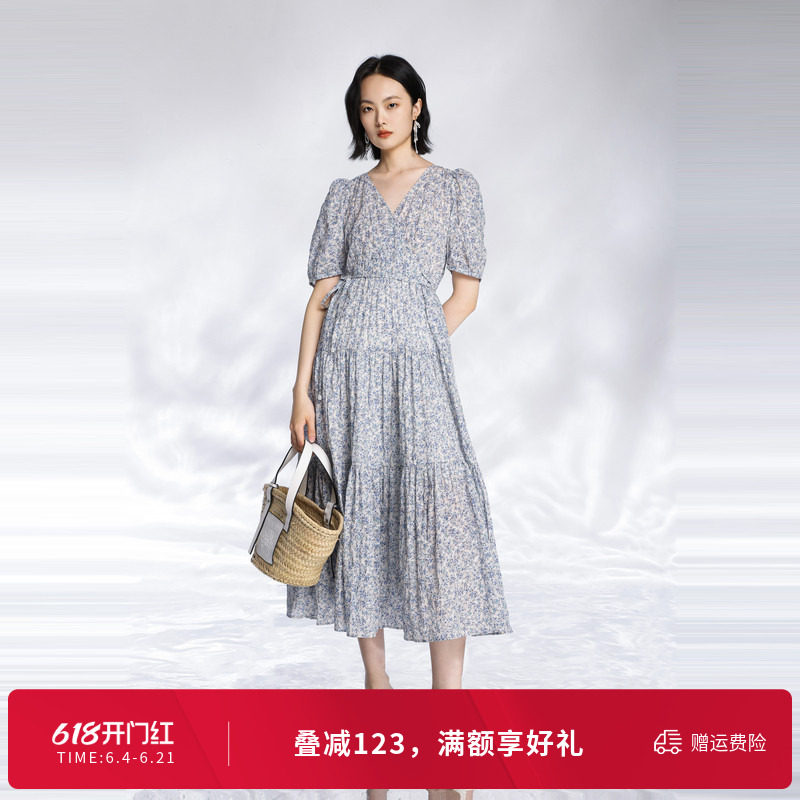 婉甸夏季米底蓝色碎花连衣裙1242N80DJ6YX
