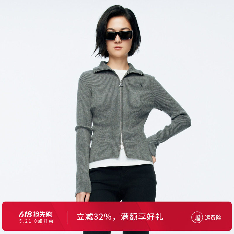 婉甸冬季灰黑粉三色毛织拉链针织开衫上衣女1244W30GS3