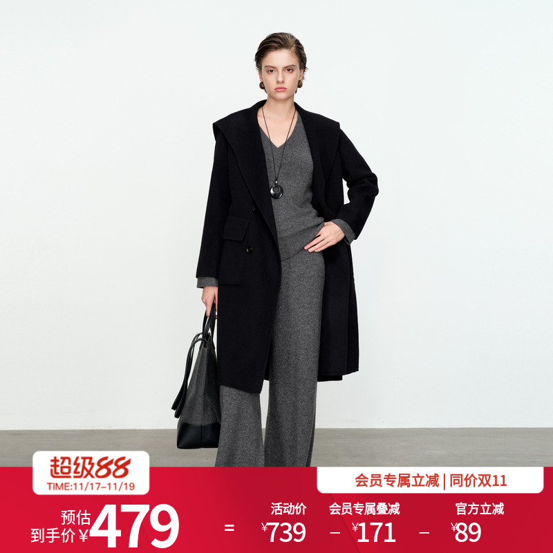 婉甸黑色双面呢翻领大衣