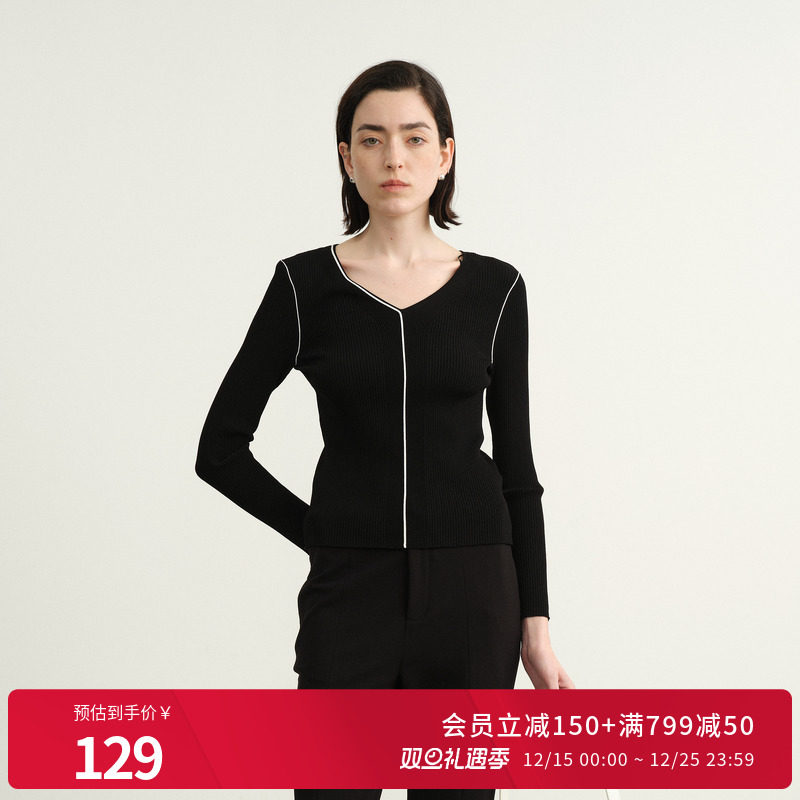 婉甸2025年秋季新品耀石黑V领毛织简约打底衫套头衫1243W21GL2