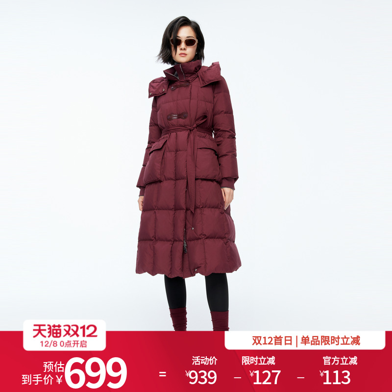 婉甸2025年冬季新品安可拉红女中长款收腰腰带羽绒服1244D18GS3