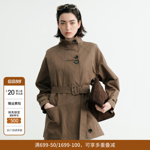 婉甸2026秋橄榄棕中长款工装风衣外套立领斜排扣收腰1253B03DS3