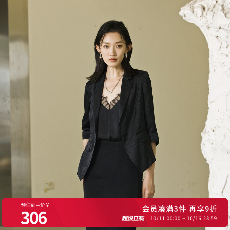 婉甸2025夏季新品黑色短款西装七分袖外套1242Q01RS1
