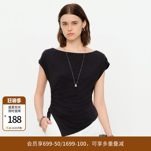 婉甸2026夏季新品黑色/羽白落肩袖一字领莱赛尔T恤短袖1252T06JD3