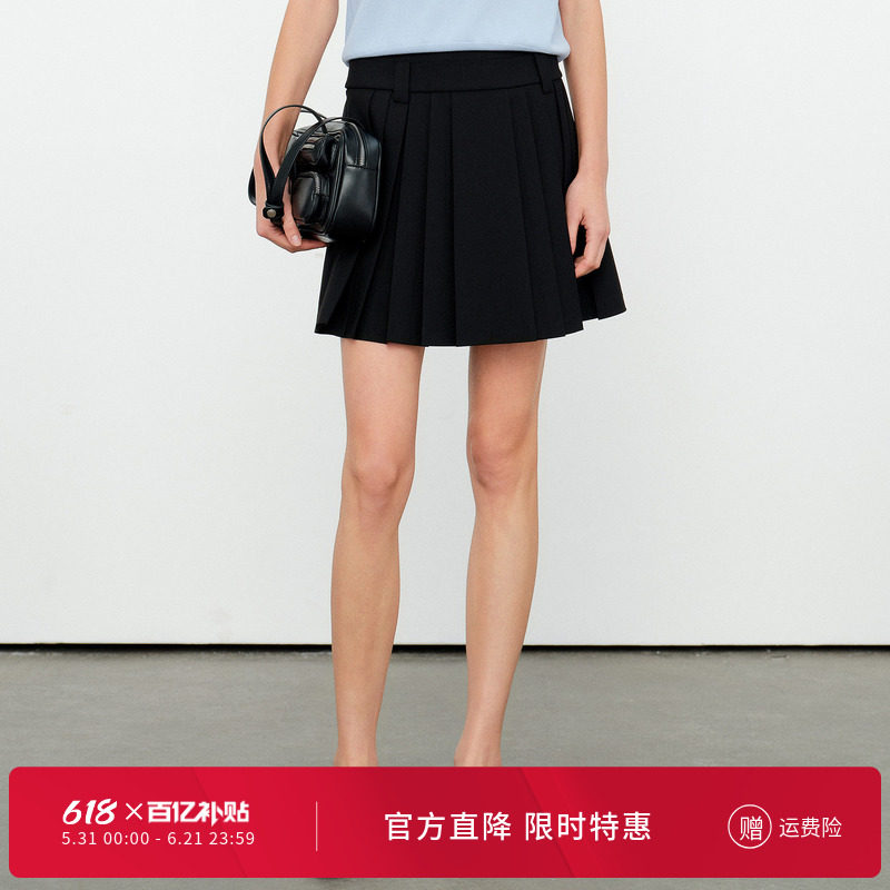 婉甸2026夏季新品黑色压褶短裙百褶裙修身型中腰半身裙1252K02ST1