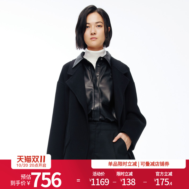 【100%绵羊毛】婉甸2025年冬季新品黑色羊毛双面呢外套1244E08DM2