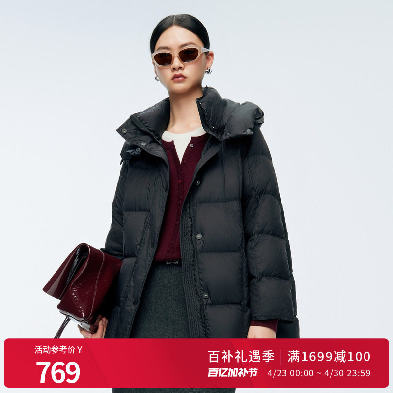 婉甸冬季黑色通勤中长款连帽羽绒服女1244D19GS3