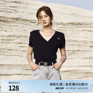 T恤V领修身 婉甸2025夏季 新品 黑色坑条针织短袖 1242T18RS3 款