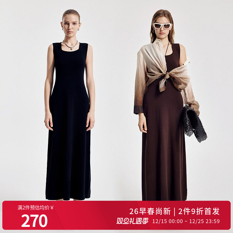 婉甸2026春季新品黑色/橡木棕无袖毛织连衣裙X型修身1251N02YJ1