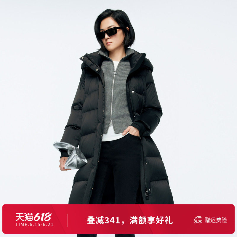 婉甸冬季黑色长款连帽百搭时尚羽绒服女1244D37SX5