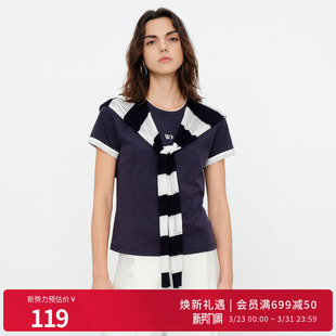 棉质T恤1252T02DX1 普鲁士蓝拼接休闲风女士短袖 婉甸2026夏季 新品