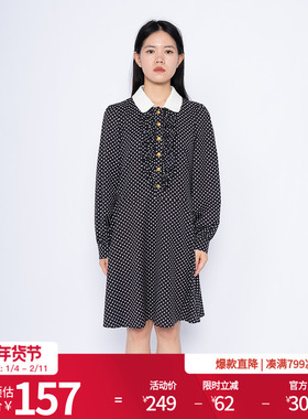 婉甸黑色波点长袖连衣裙1232N86QY7DS