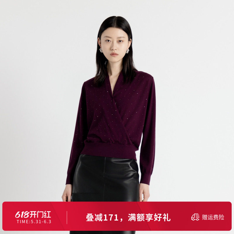 婉甸秋季酱紫色毛织套头V领上衣针织衫1243W23DM4