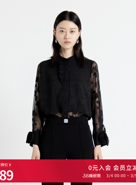 婉甸2025年秋季新品耀石黑立领长袖格纹微透刺绣衬衫1243S03DZ1