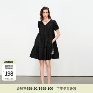 婉甸夏季黑色/克莱茵蓝短袖连衣裙1242N61SX2