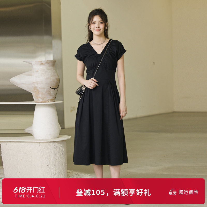 婉甸夏季黑色短袖连衣裙1242N07RS2
