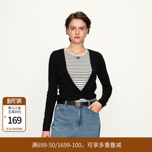 婉甸黑色假两件毛织套头衫
