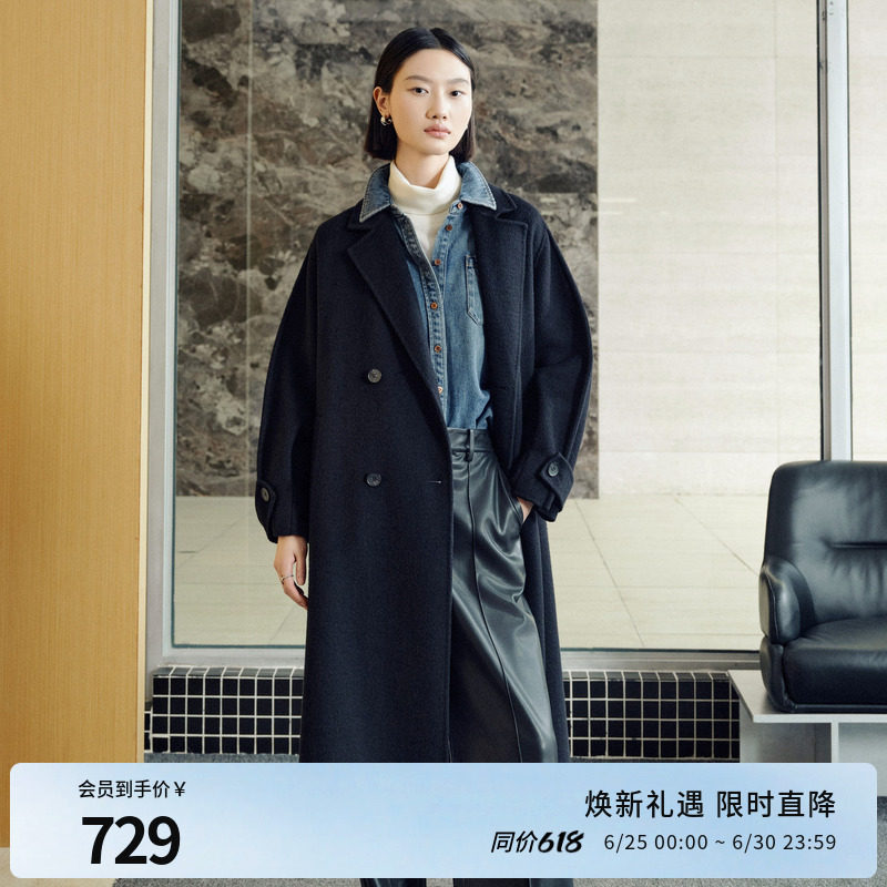 婉甸冬季黑色双面呢中长款保暖大衣毛呢外套1244C06DM2